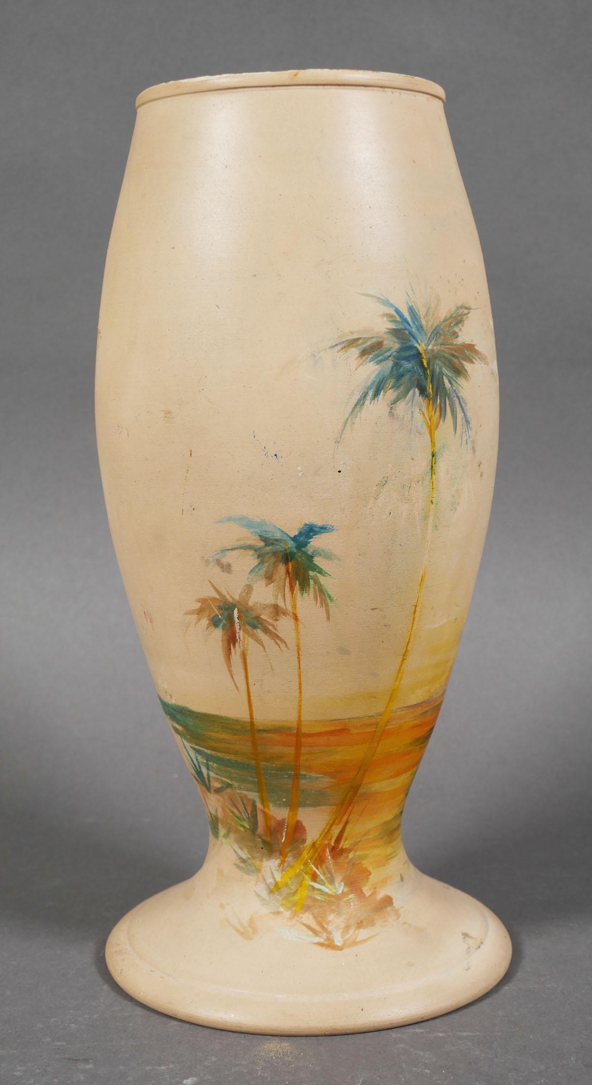 GRAACK POTTERY, Palm Tree Sunset Vase, Florida: Ovoid vase, decorated with palm trees at sunset. Marked under base for Graack & Son, Bradentown (Bradenton), FL. Early 20th century. Measures 9" tall. Minor surface/edge wear. No significant chips, cr