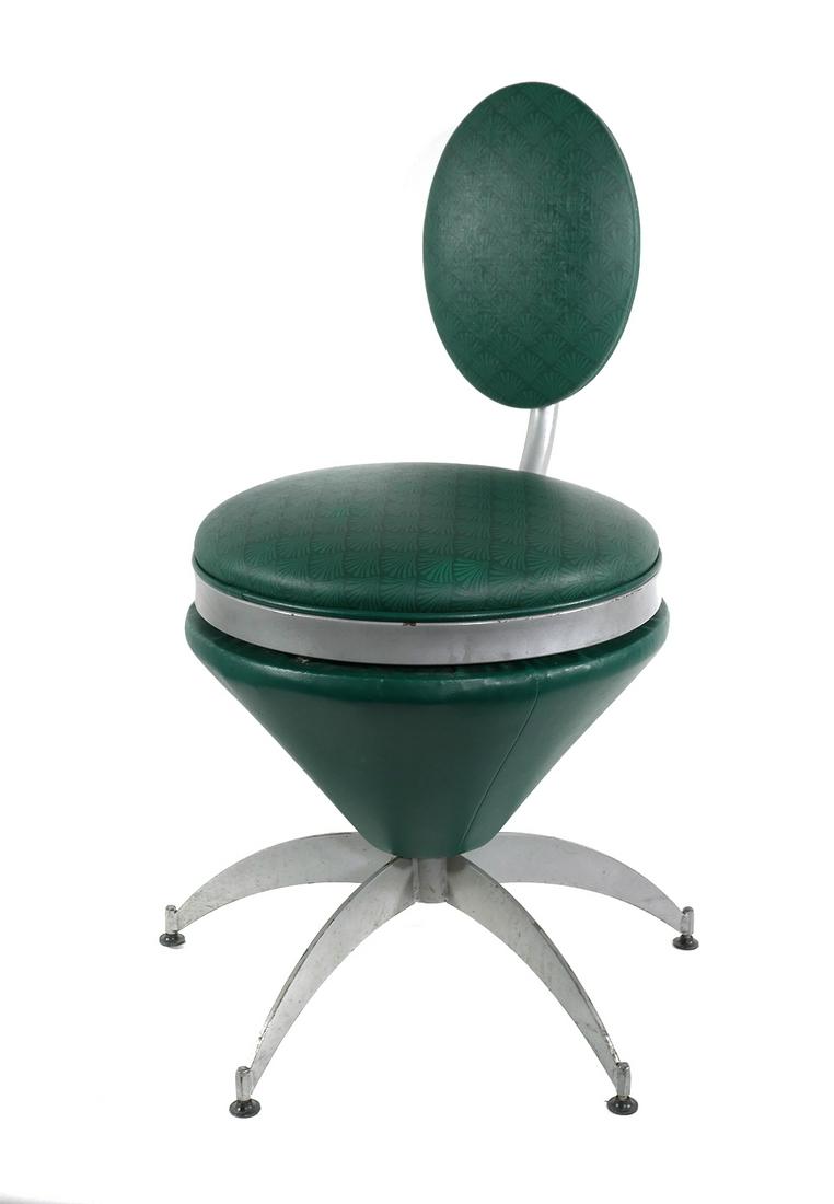 Mid-Century Atomic Age Cone Chair: Mid-century modern space age cone shaped swivel chair in green synthetic upholstery. Measures 35" tall. Very good condition with some wear.