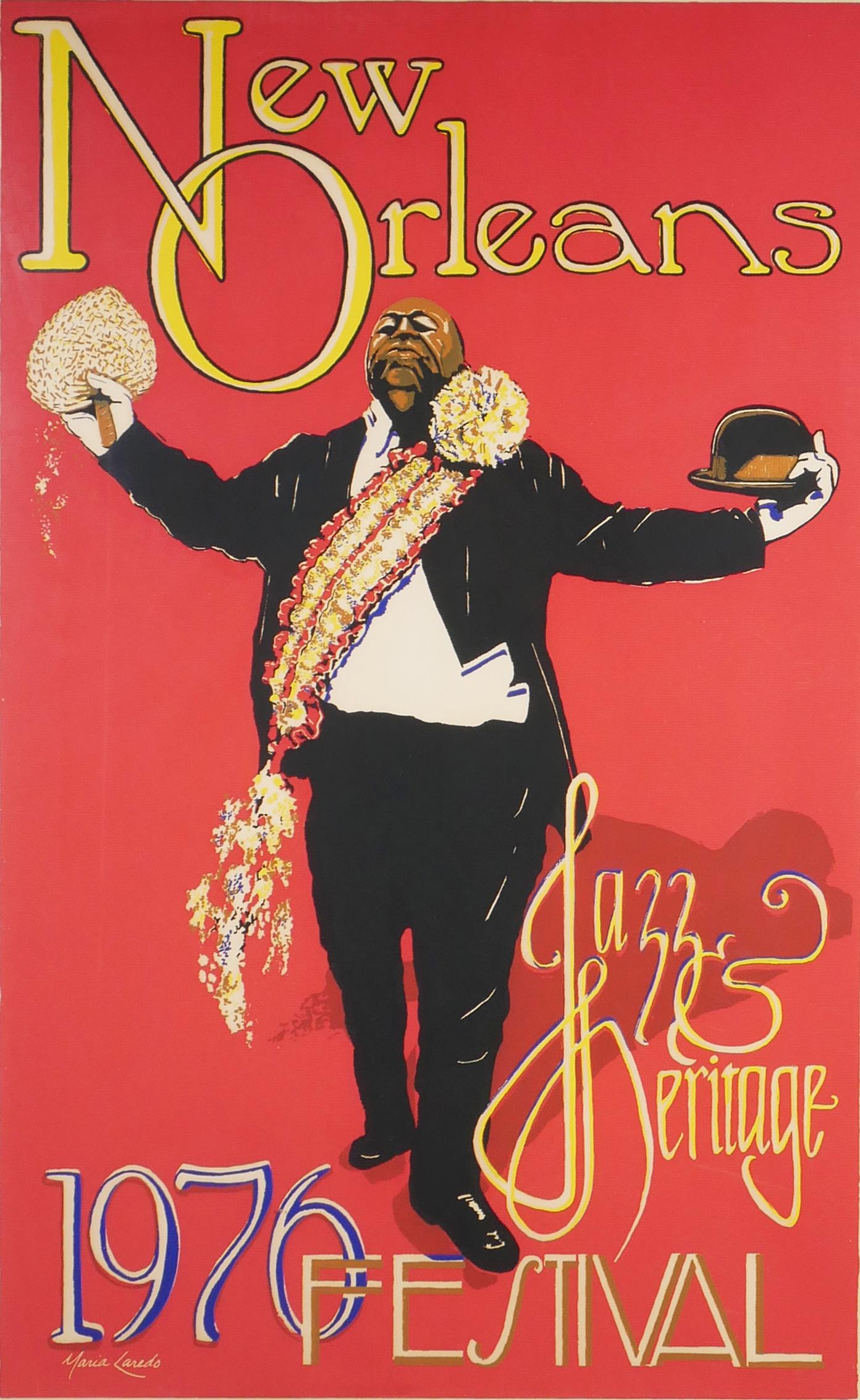 Maria Laredo 1976 New Orleans Jazz Festival Poster: 1976 New Orleans Jazz and Heritage Festival Poster, by folk artist Maria Laredo, portraying Fats Houston, the grand marshal of the Eureka marching jazz band, nicely framed. Pencil signed, marked "1st