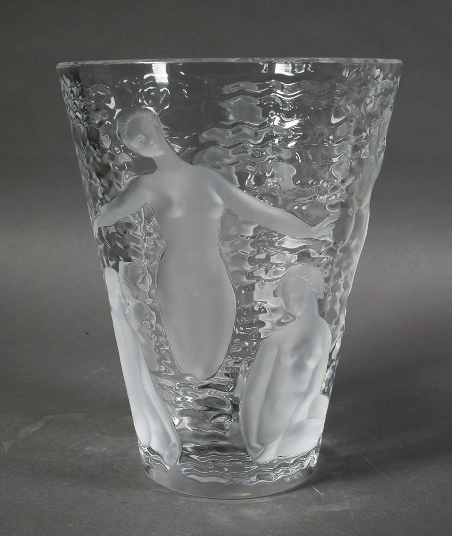LALIQUE Ondines Nudes 9-1/2" Vase: Lalique France crystal large vase with intaglio frosted bathing nudes. Measures 9-1/2" high and 7-1/2" in diameter. Signed on base. Minor shelf wear. No chips or flakes.