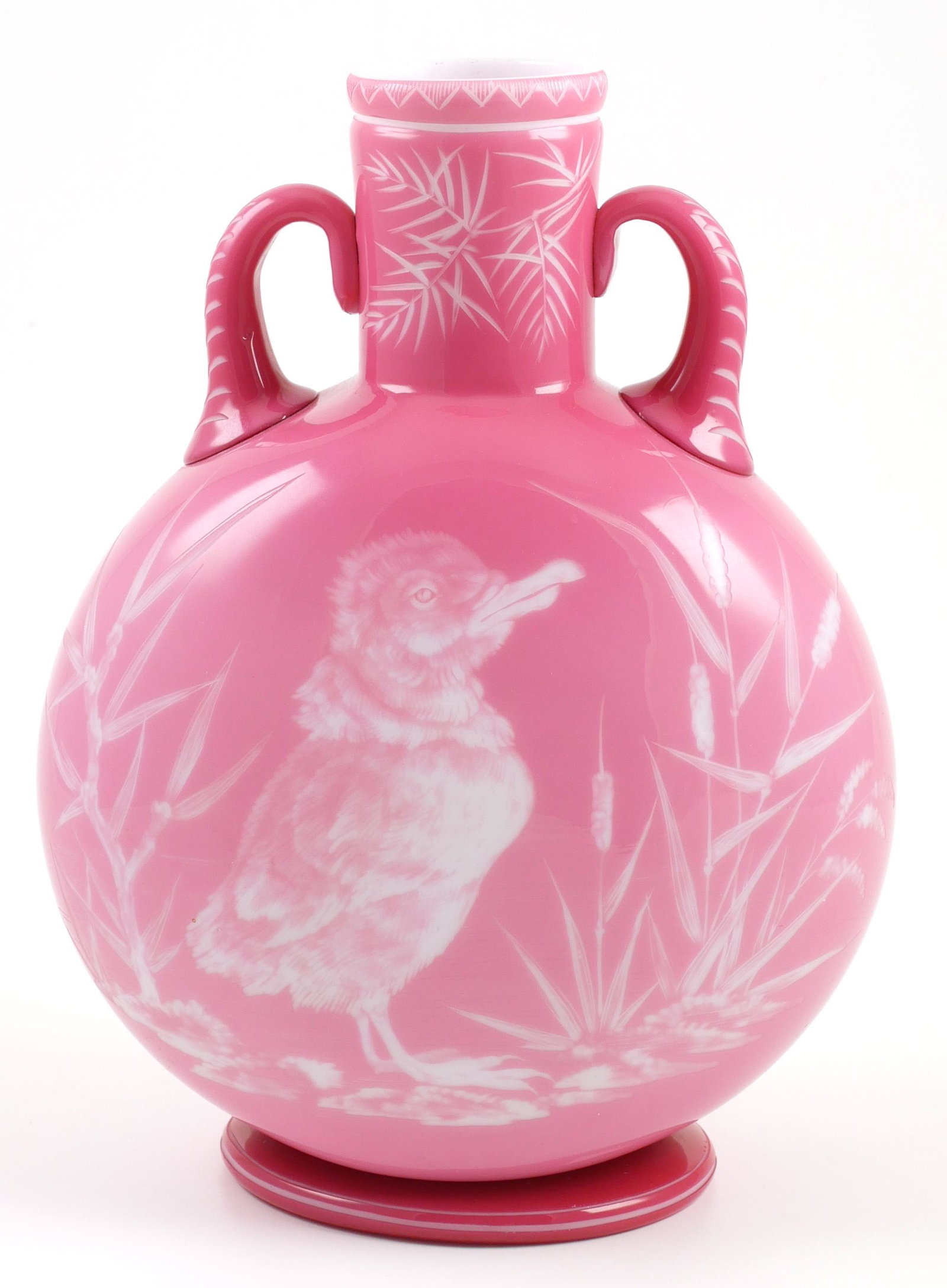 STEVENS & WILLIAMS Victorian Glass Vase: Antique 19C intaglio cut cased glass vase, attributed to Stevens & Williams. Decorated with bird and foliage on one side, and a spider and flowers on the other. Measures about 8" high. Fine condition.