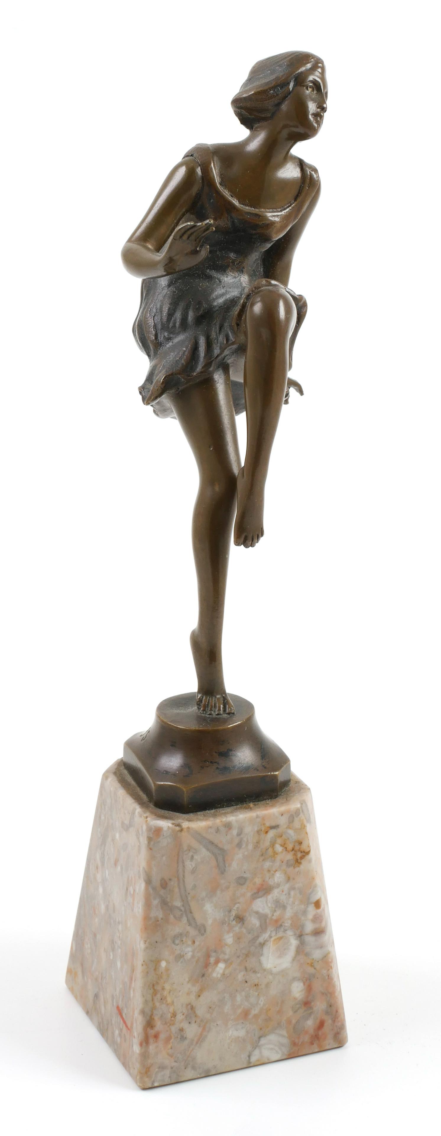 PIERRE LE FAGUAYS, Bronze Dancing Girl: French bronze statue of a dancing girl by Pierre Le Faquays, circa 1920s. Signed "P. Lefaguays, Paris" to bronze base. Measures 9" tall including marble base. Good condition with minor surface wear.