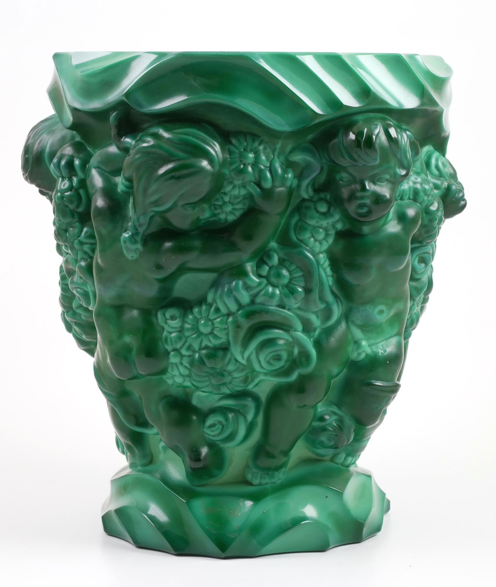Czech Malachite Glass Vase with Cherubs: Five cherubs dance around this heavy Czechoslovakian "malachite" glass vase, 7-1/2" high and 6" across the top. No chips, fleabites, cracks apparent. Nice color.