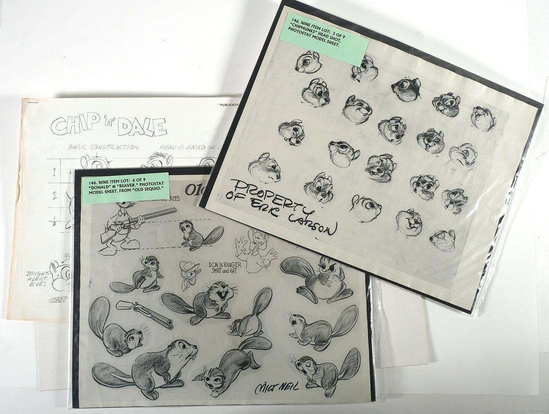 (3) PHOTOSTAT Model Sheets DONALD DUCK CHIP & DALE: (3) Walt Disney Photostat Model sheets. 1) Donald Duck & Beaver from "Old Sequoia." Sheet measures 13 7/8" x 11". Good condition with no holes or tears, light creasing around the edges. 2) Chipmunks h