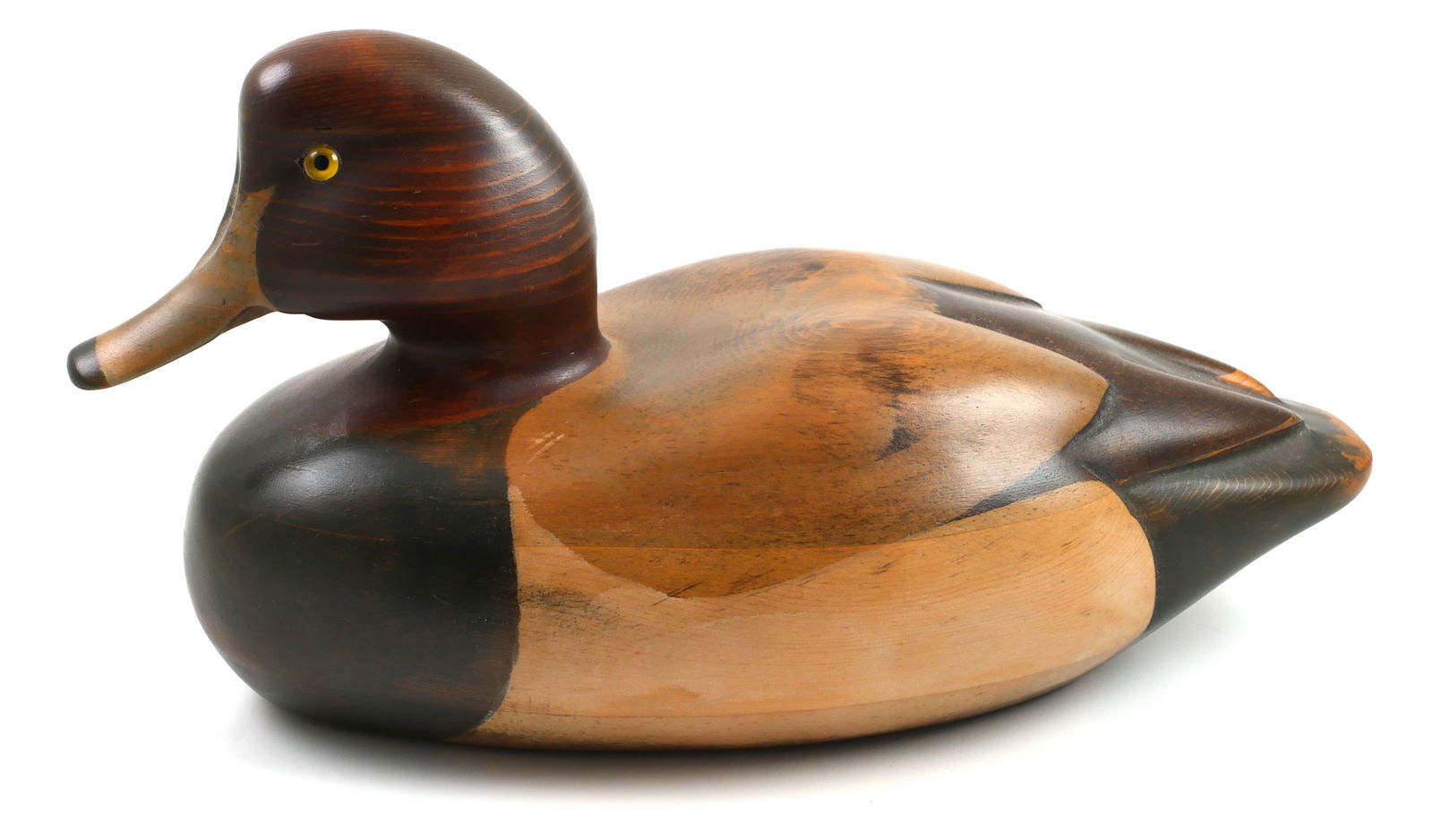 TOM TABER Carved Redhead Duck Decoy: Duck decoy from Tom Taber's Woodendare Studio. Burned facsimile signatures for Tom Taber. Measures 11 1/2" long. Excellent condition.