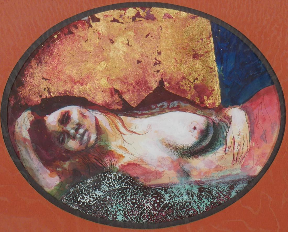 NOEL ROCKMORE, Nude Reclining, Oil Painting: Mixed media painting on paper by Noel Rockmore (American/New Orleans, 1928-1995). Image shows a nude reclining. Signed in pencil and dated to 1976 near the subject's midsection. Sight size is 6 3/4" x
