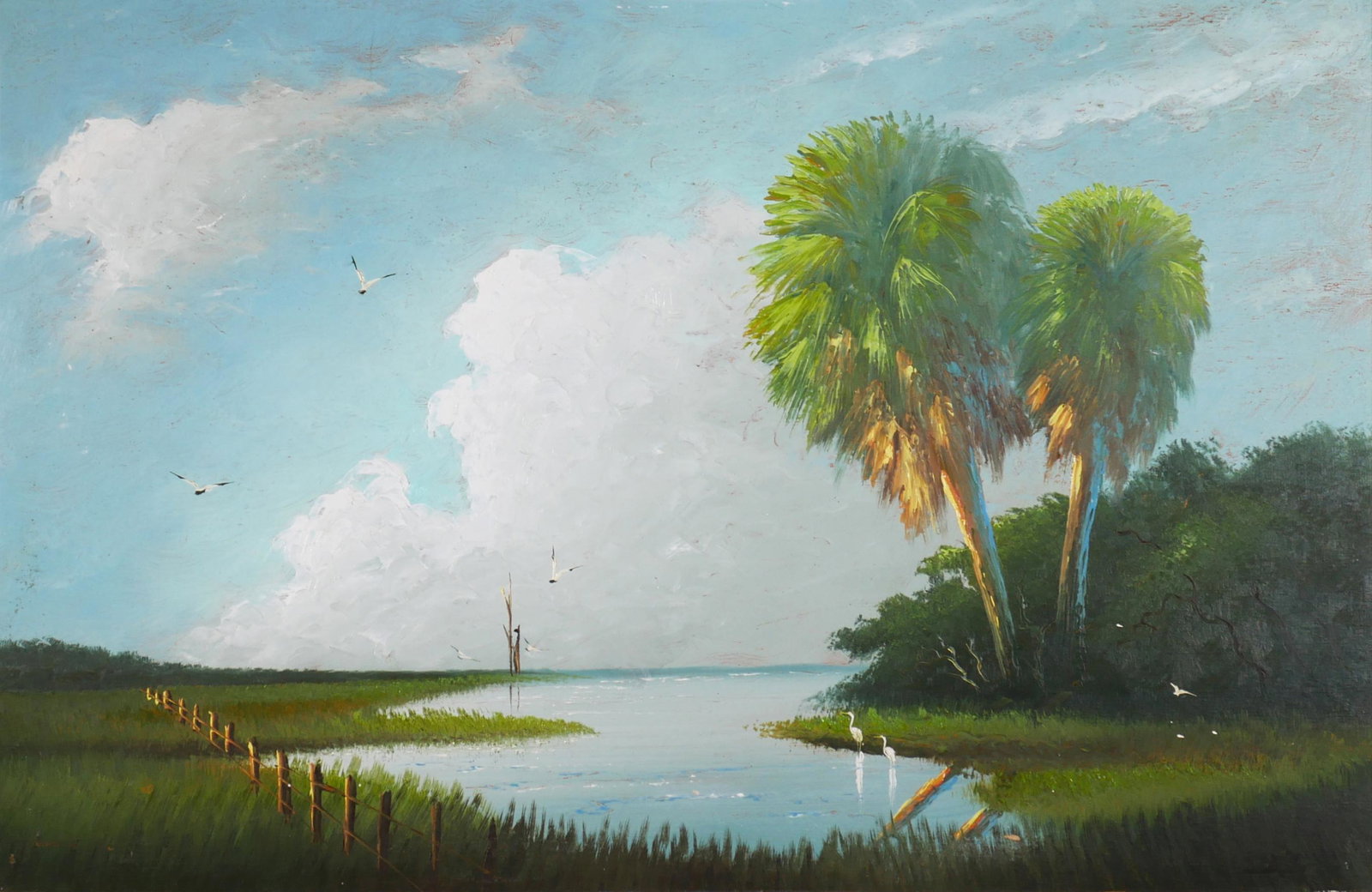 JOHNNY DANIELS, Highwaymen Painting: Large Johnny Daniels (American, 1954-2009) Florida Highwaymen painting of palm trees near an open wetland. Signed lower right. Board measures 36" x 24". Framed. Excellent condition with minor wear.