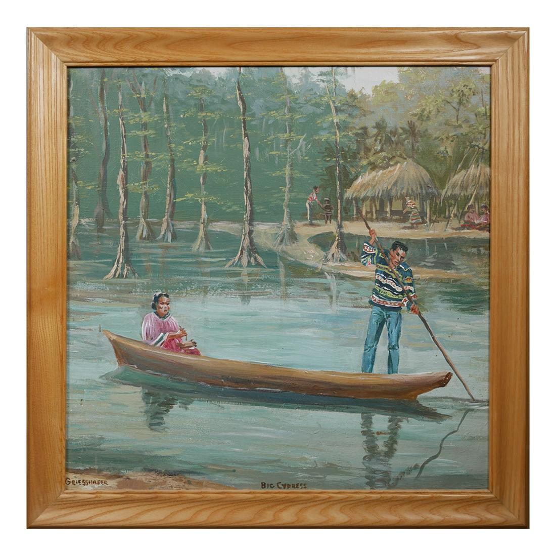 KURT GRIESSHABER, Seminole Village Painting: Oil on board painting of a Native American Indian wetland village, by Kurt Griesshaber (American, 1926-2006). Signed and titled "Big Cypress" at lower front. Overall framed size is 23" x 23". Excellen