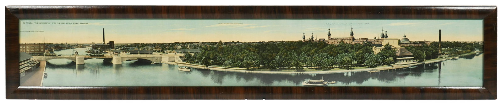 TAMPA, FL Yard-long Print River & Tampa Bay Hotel: This nicely framed under glass, yard-long print looks westward across the Hillsboro river near the Lafayette St. bridge and covers the whole expanse of the Tampa Bay Hotel and its grounds. The is the 
