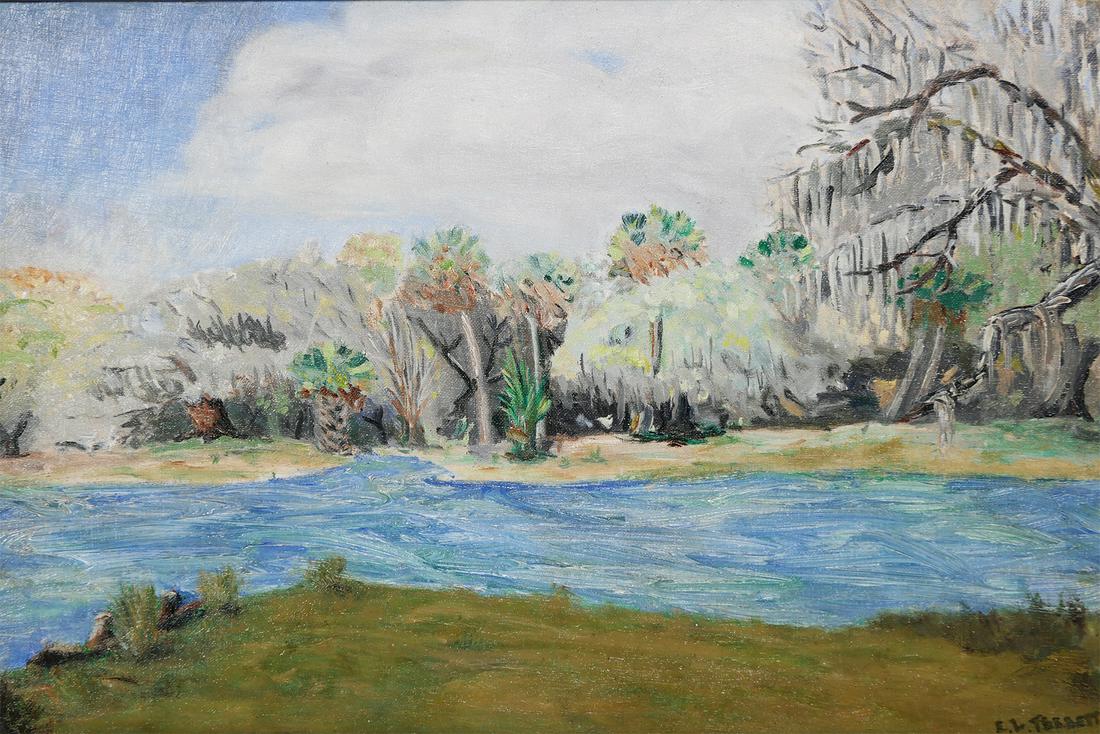LARRY TEBBETS, Myakka River Oil Painting: Impressionist painting of the Myakka River, signed L.L. Tebbets at lower right corner. Label verso for Larry Tebbets, with Myakka location note and dated to 1956. Excellent condition. Framed size is 2