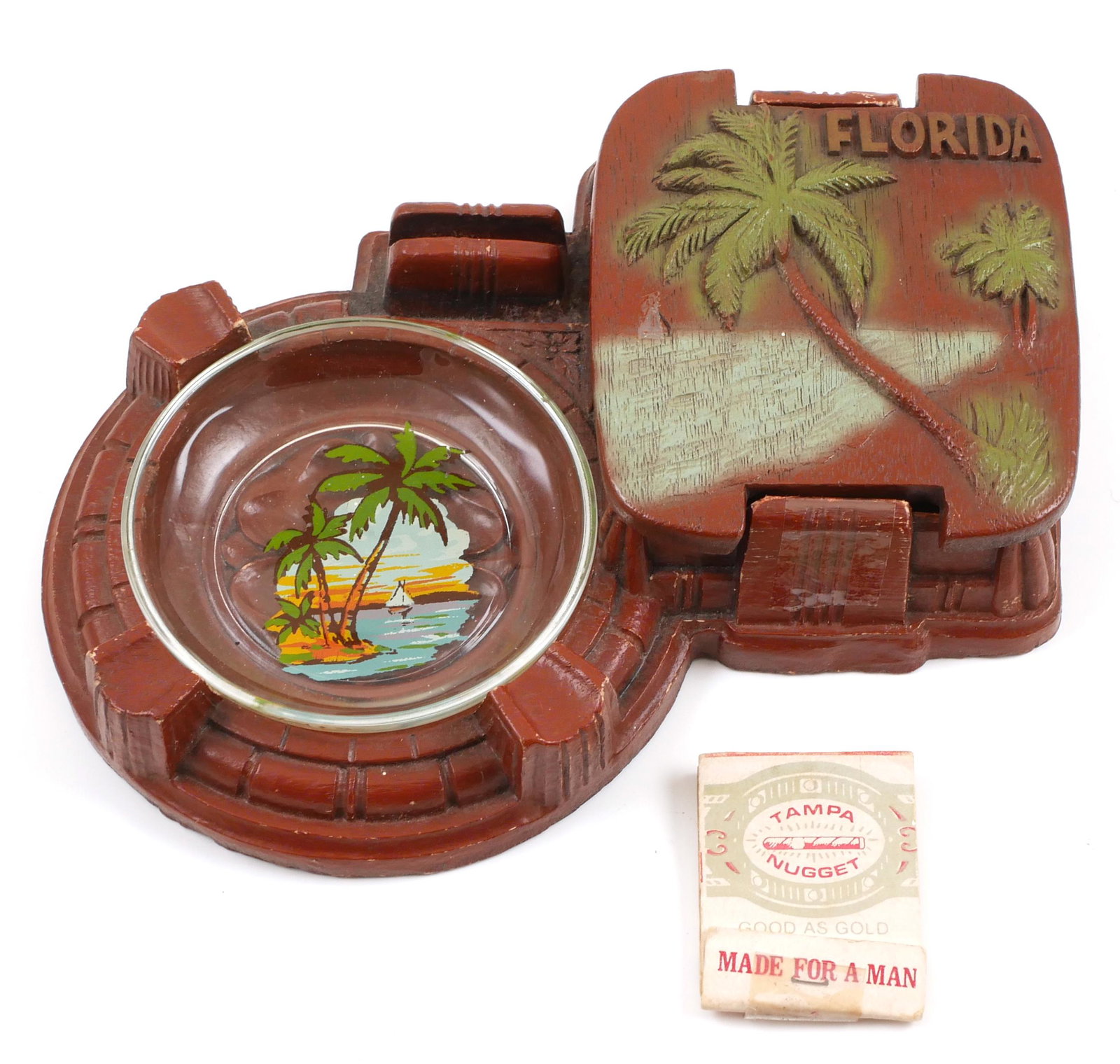 Vintage Smoker's Set, Florida Souvenir: This combo ashtray, cigarette box, and matchbook holder is made of a brown Syroco-like composite material, molded into a truly Florida souvenir. The cigarette box lid sports a 3-D palm tree, and the s