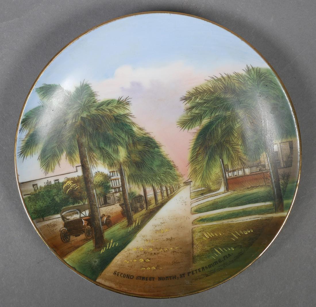 Antique Souvenir Plate, St. Petersburg 2nd St.: Small 7" souvenir plate with a scene of 2nd St. N, St. Petersburg, FL. featuring several very early cars. The back says hand-painted in Germany for Hayward's Toy and Gift Shop by Jonroth Studios in Ge