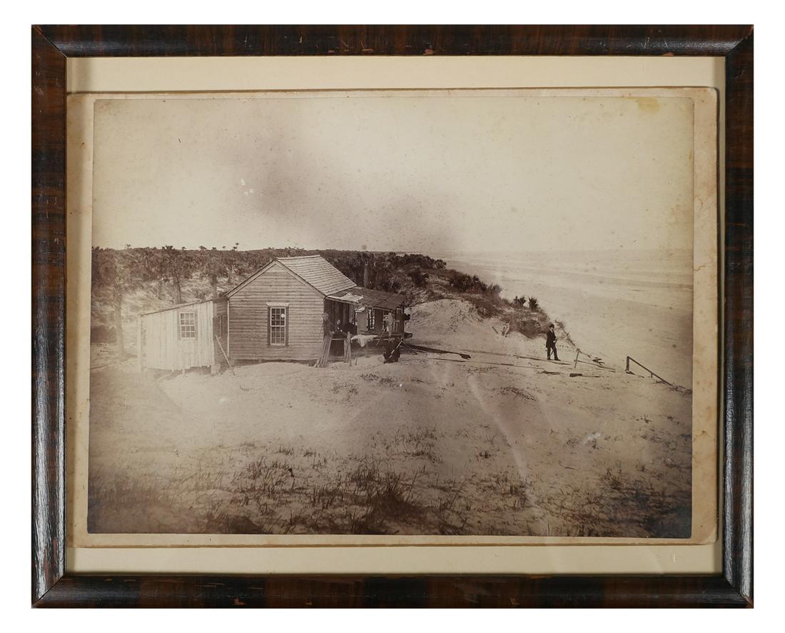 SP BURGERT Photo, Cabin on Daytona Beach: Early original cabinet photograph by Samuel P. Burgert (1839-1918), father of the famed Burgert Brothers of Tampa. Pictures a cabin on Daytona Beach, circa late 1880s. Measures 6-3/4" x 9-3/4" in inci