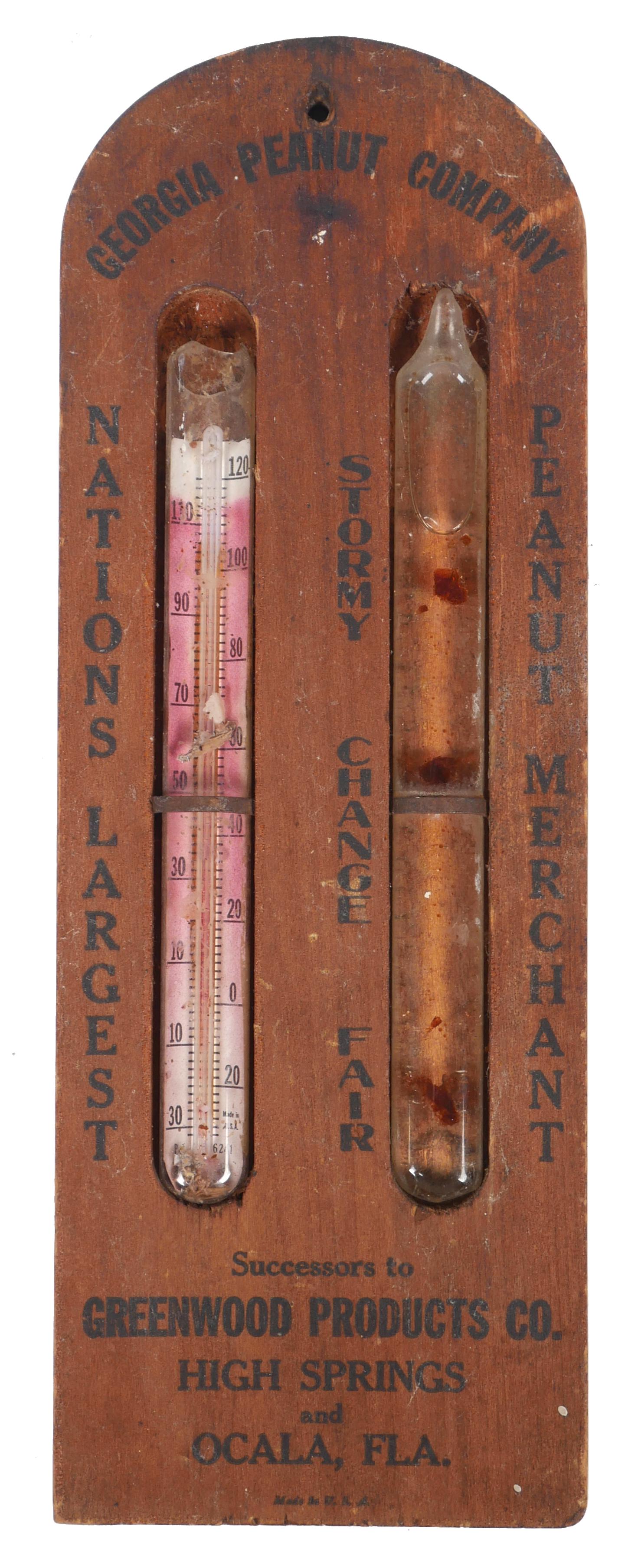 OCALA GA Peanut Co. Vintage Weather Station: A unique advertising item- a wood slab with a mounted thermometer and a barometer, surrounded by advertising for Georgia Peanut Company, the Nation's Largest Peanut Merchant. They have offices in both