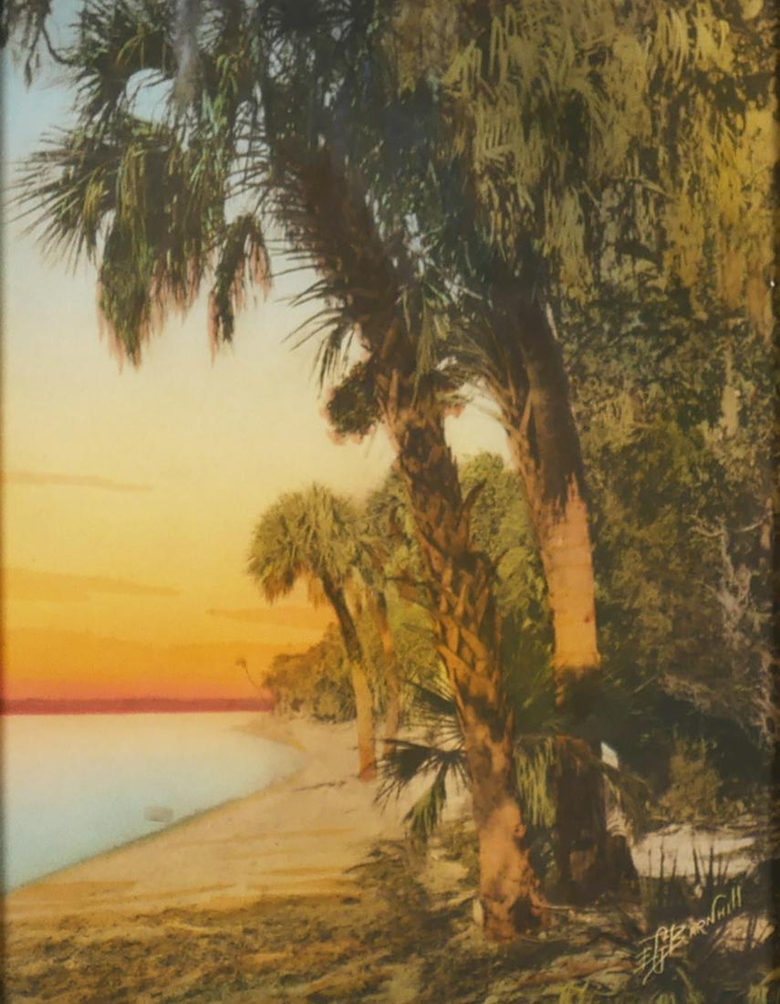 BARNHILL, Hand Colored Photograph, Beach: Hand colored photograph by E.G. Barnhill, circa early 20th century, showing palm trees on a Florida coast line. Very good condition with brightly colored sunset. Sight size is 8" x 10". Framed size is
