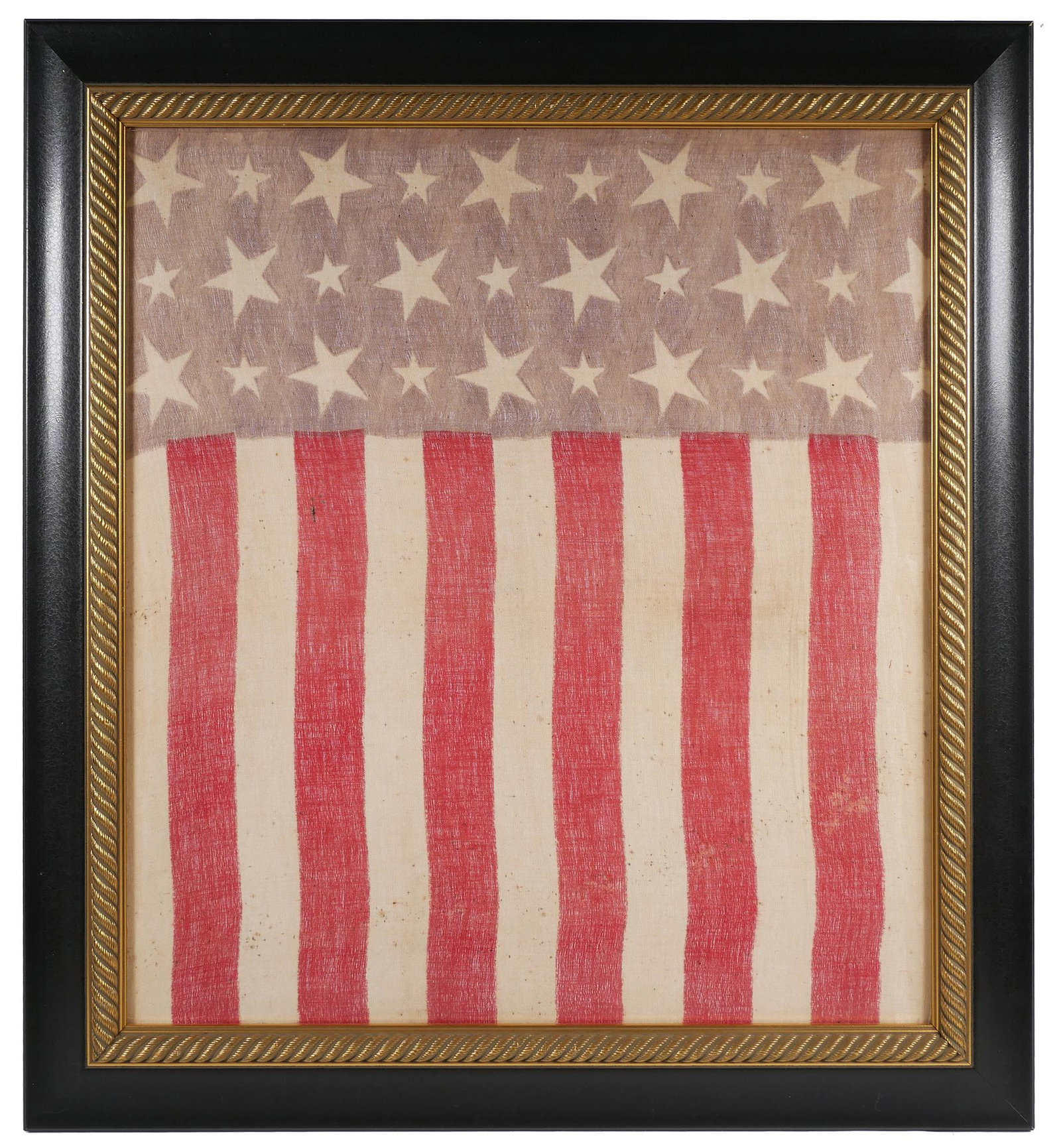1880s US Flag Shield Banner: Old late 19th century gauze-like flag banner. This item is from a private collection of Americana, obtained from the National Museum of Patriotism in Atlanta (which closed in 2010). Measures 20" x 22"