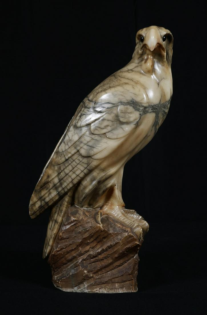 Antique Alabaster EAGLE Carved Statue: Majestic carved alabaster eagle sculpture, measuring just over 17" high. A few minor wear spots and a flake on the middle talon of the left foot. Nice toning from age. From smoke-free home.