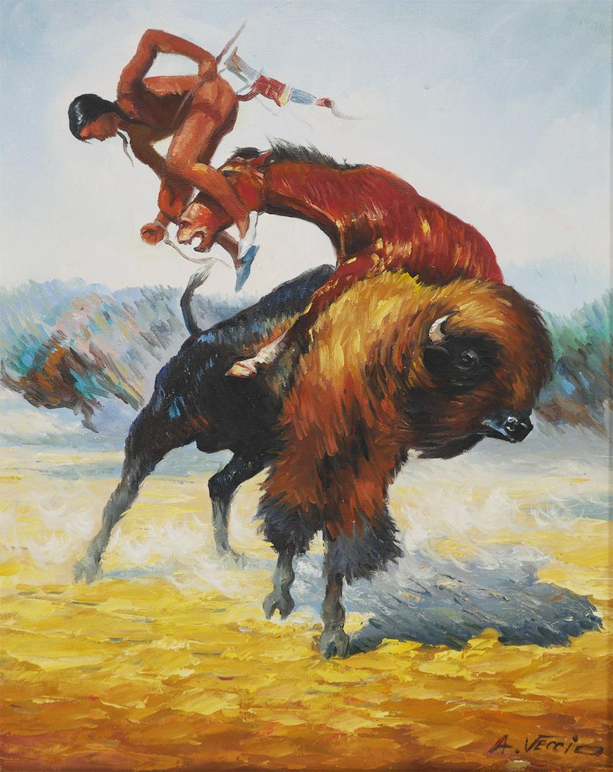 ANTHONY VECCIO, Buffalo Hunt Oil Painting: Oil on canvas painting of a Native American Indian being thrown from his horse as it collides with a buffalo during a hunt, by renowned horse artist Anthony Veccio (American, b. 1949). Overall framed 