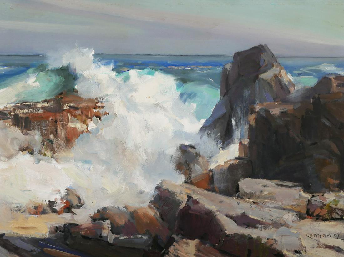 JAY CONNAWAY, Oil on Board Landscape: Oil on board painting by Jay Hall Connaway (American, 1893-1970), signed "Connaway" at lower right signed and titled "Eternal Conflict" verso. Waves crashing on the rocks. Label verso from Pensacola M