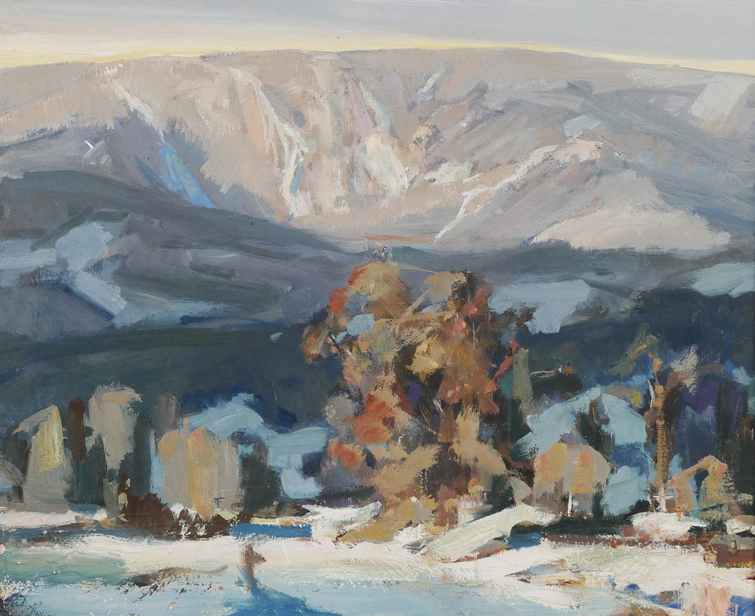 JAY CONNAWAY, Oil on Board Landscape: Oil on board painting by Jay Hall Connaway (American, 1893-1970), signed and titled "Winter Mountains, North Sunderland" verso. Vermont winter scene in the mountains. Board measures 24" x 20", framed 