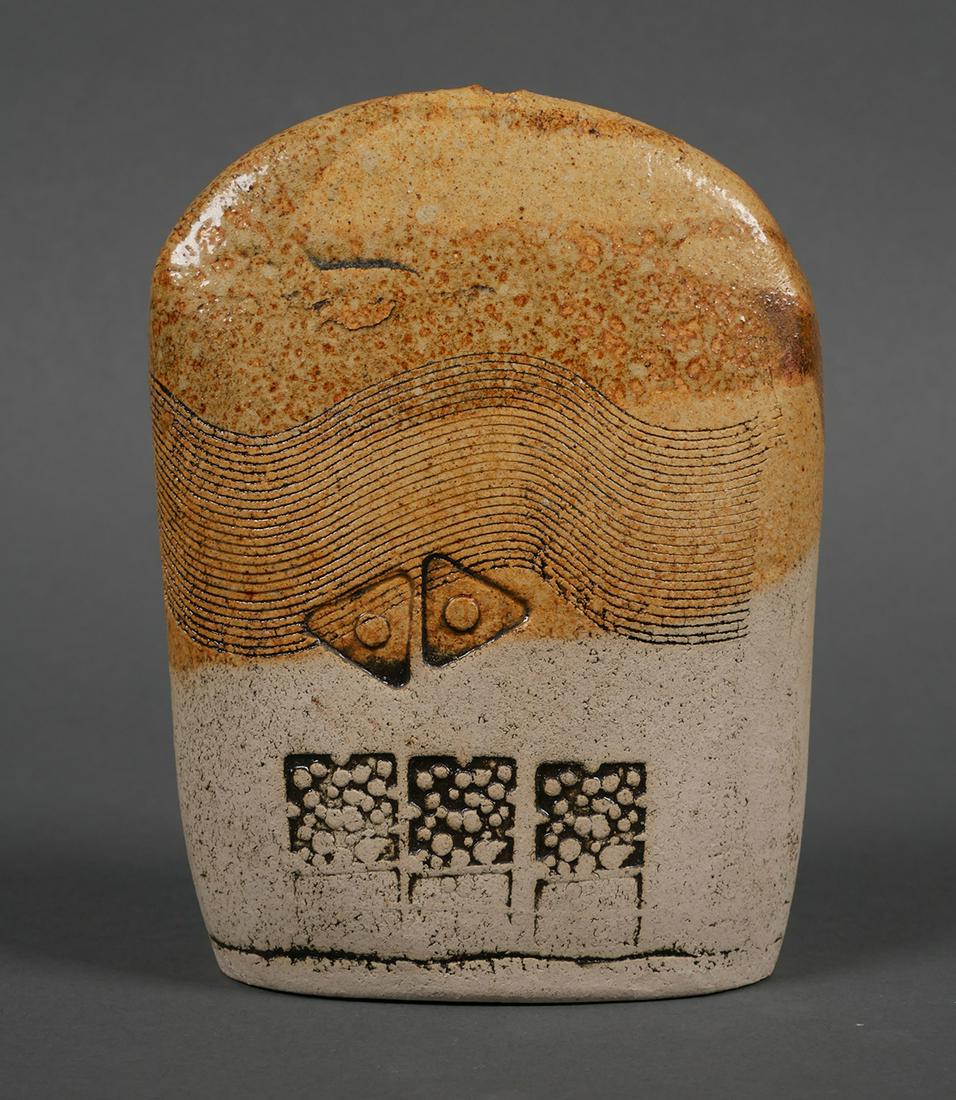 RICHARD ZAKIN Stoneware Pottery Sculpture: Contemporary partial glazed art pottery sculpture by the late Richard Zakin, measuring about 5-5/8" high. Exhibition label on bottom. Provenance: From the estate of Michael Milkovich, long-time direct