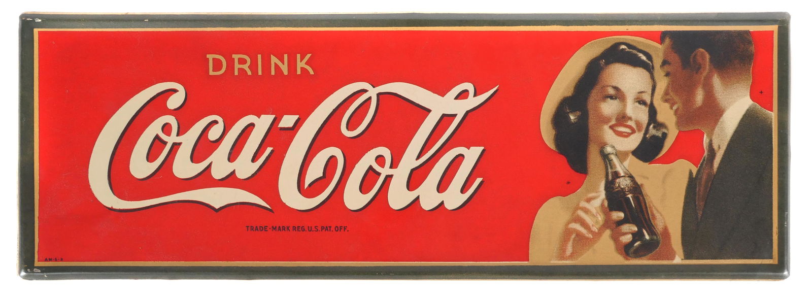 Vintage 1940's Coca Cola Metal Sign AM-5-2: Vintage 1940's "Drink Coca-Cola" metal advertising sign. Made by Allen-Morrison Sign Co. Sign features a man offering a woman a bottle of Coca-Cola. Coke sign measures 33 3/4" x 11 3/4. Excellent cond
