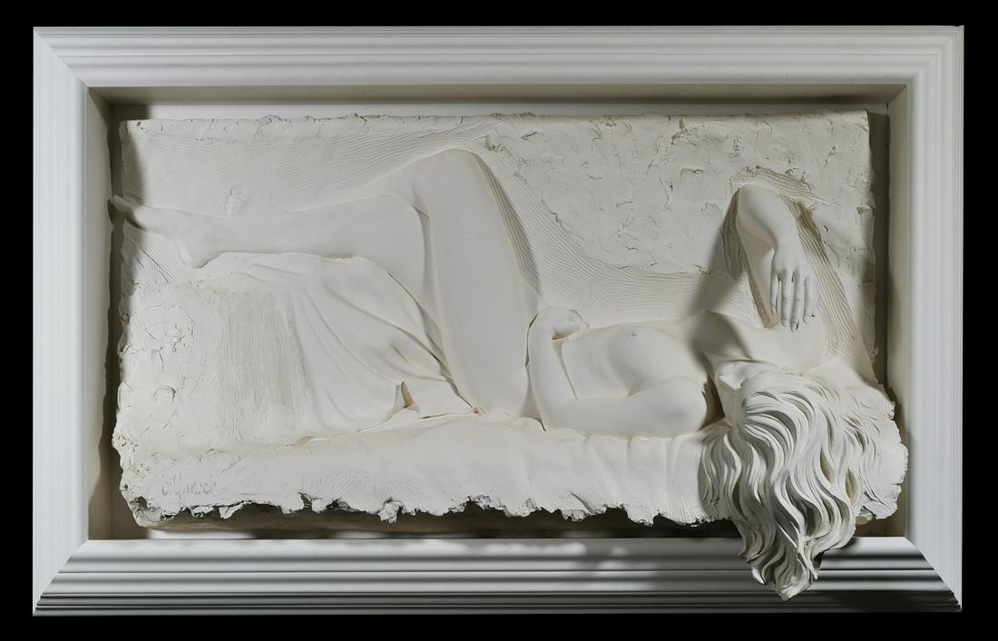 BILL MACK, Monumental Nude Sculpture: Life-size nude sculpture of a woman by Bill Mack (American, b. 1949). Plaster wall sculpture depicting a reclining nude female. Signed lower left. Measures 60" x 51" x 17". Good condition, with a tiny