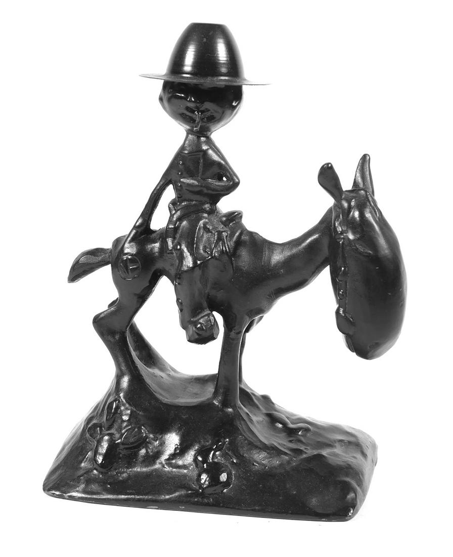Cast Cowboy on Horse Frankart 1928: Interesting hollow cast spelter sculpture, painted black, of a cowboy astride a horse which looks a lot like a donkey. He is smoking a cigarette. Embossed "FRANKART, 1928" on the end. It is 7-1/2" tal