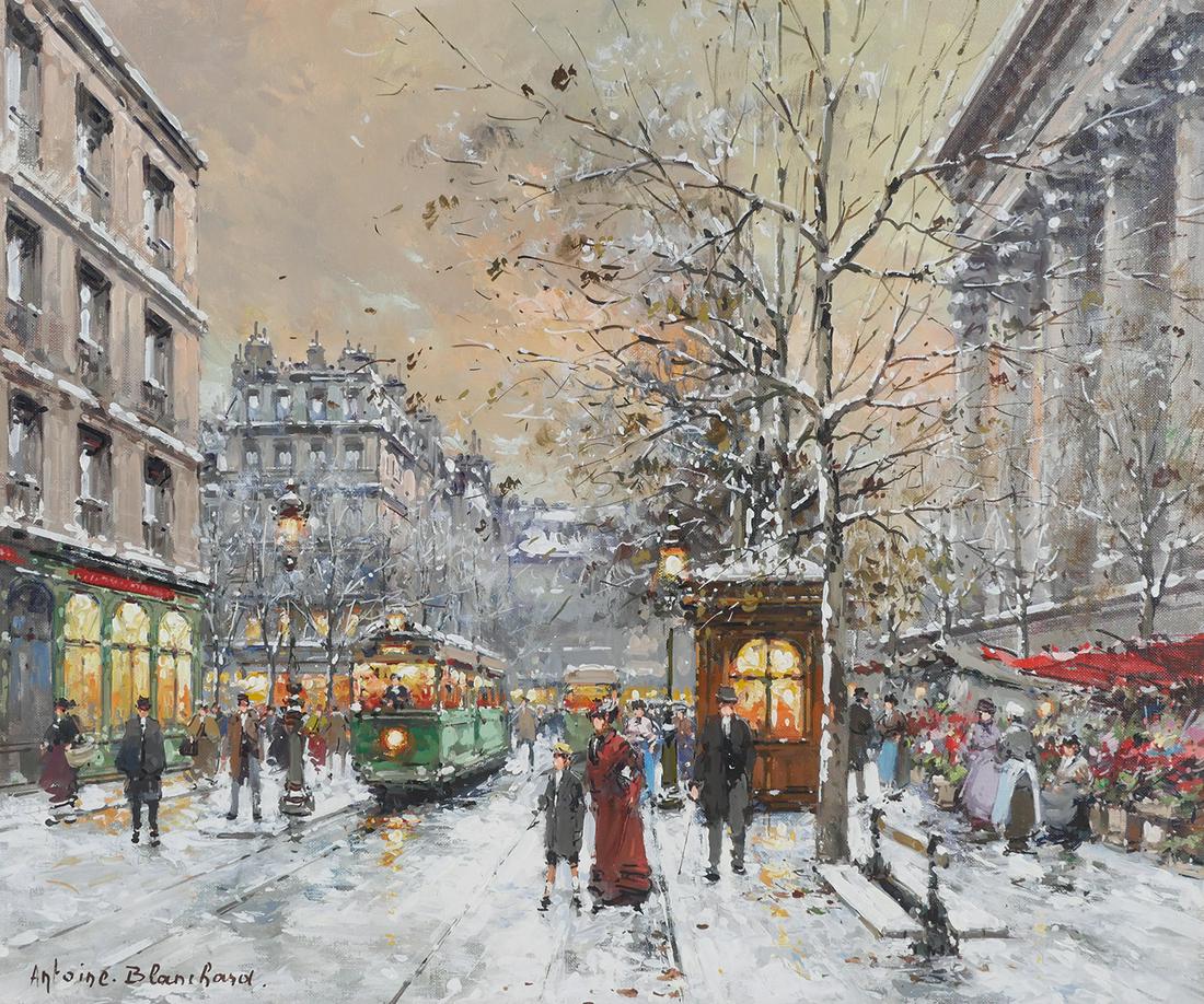 ANTOINE BLANCHARD, Oil/Canvas, Paris Street Scene: Antoine Blanchard (French, 1910-1988), Oil on Canvas, Paris Winter Street Scene, Circa Late 20th century. Canvas size is 18” x 22”. Excellent condition. Scene is in the impressionist style