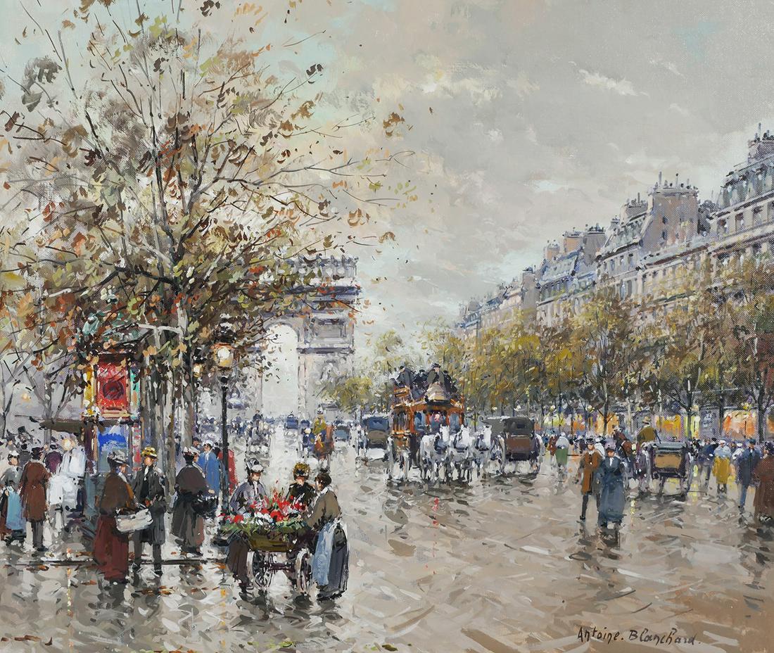 ANTOINE BLANCHARD, Oil/Canvas, Paris Street Scene: Antoine Blanchard (French, 1910-1988), Oil on Canvas, Paris Street Scene, Circa Late 20th century. Canvas size is 18” x 22”. Excellent condition. Scene in the impressionist style showing t