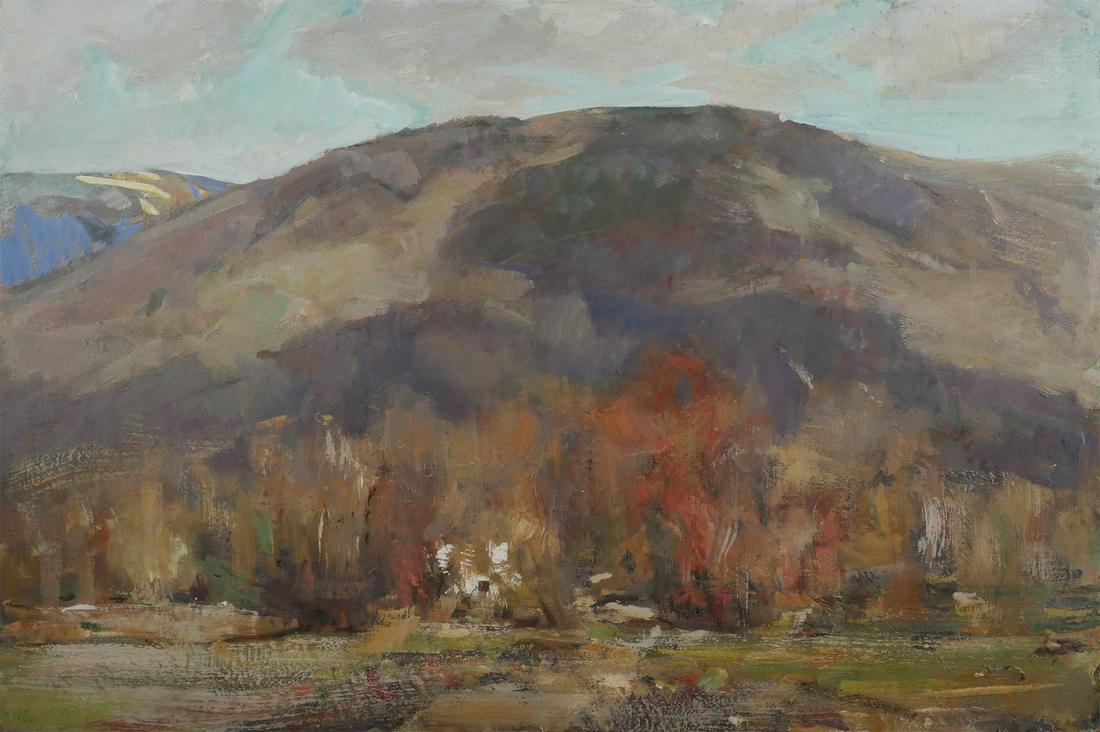 JAY CONNAWAY, Oil on Board Landscape: Oil on board painting by Jay Hall Connaway (American, 1893-1970), signed and titled verso. Winter scene in the mountains. Board measures 36" x 24". Very good condition with minor wear. Provenance: Fro