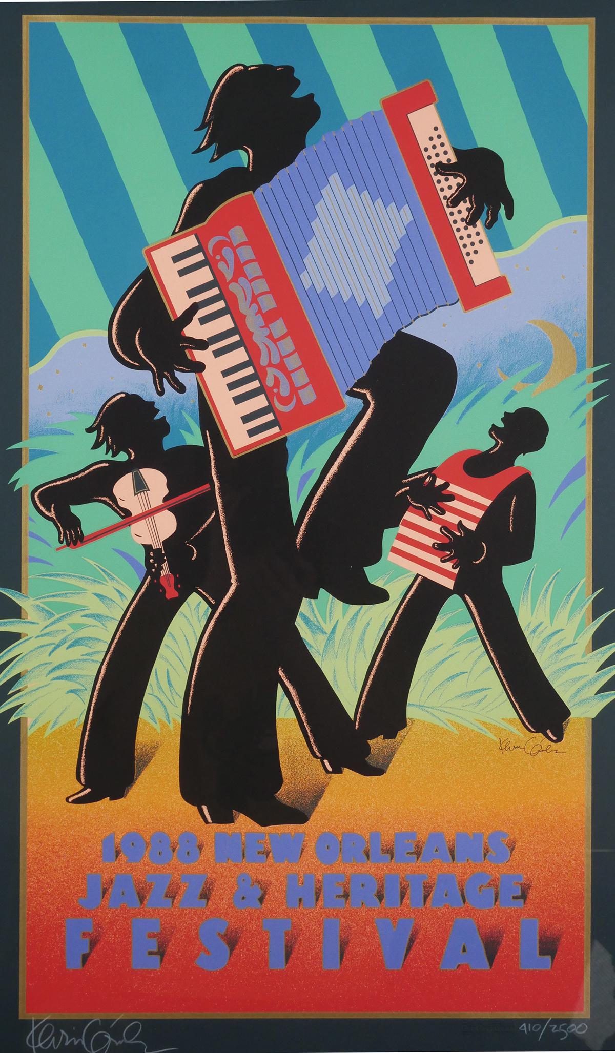 New Orleans Jazz Festival Poster, 1988, Coombs: 1988 New Orleans Jazz Festival limited edition (410/2500) poster by Kevin Coombs. Hand signed and numbered, showing three Zydeco musicians playing an accordion, a fiddle and a washboard. Image size is