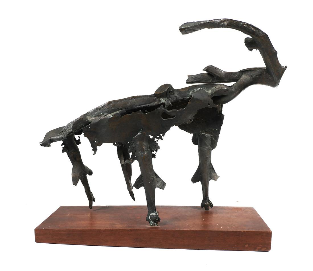 BENEDICT TATTI (1917-1993) Bronze: Brutalist bronze abstract sculpture by Tatti, signed just above front left leg (if it is indeed a leg). Appears to depict a large animal, such as a moose or elk, or possibly nothing at all. Measures a