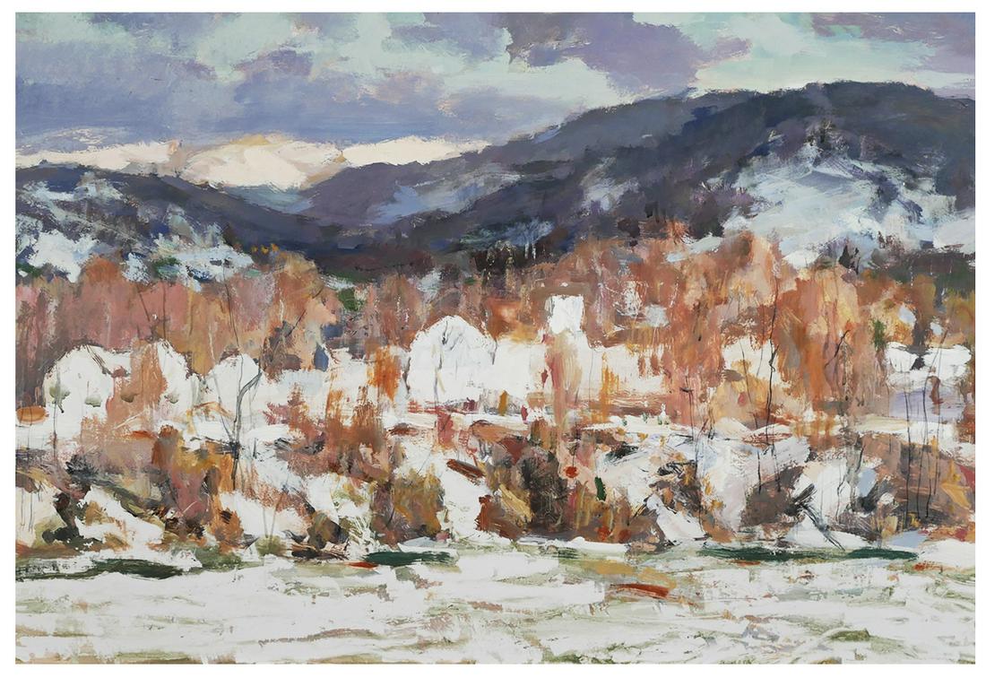 JAY CONNAWAY, Oil on Board Landscape: Oil on board painting by Jay Hall Connaway (American, 1893-1970), signed and titled "Winter Sunrise, Pawlet Valley" verso. Vermont winter scene in the mountains. Board measures 30" x 20", framed to 36