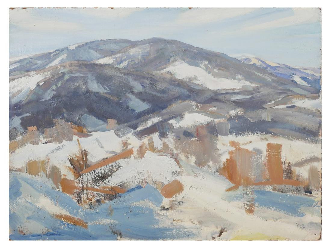 JAY CONNAWAY, Oil on Board Landscape: Oil on board painting by Jay Hall Connaway (American, 1893-1970), signed and titled "Clear Blue Day in the Mts." verso. Vermont scene in the mountains. Board measures 24" x 18", unframed. Very good co