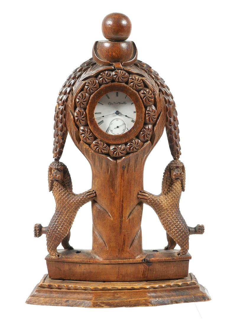 AARON MOUNTZ Carved Pocket Watch Stand: Antique, likely late 19th to early 20th century pocket watch holder with two dogs flanking a tree. Unique crosshatched carving style is remarkably similar to the work of Aaron Mountz (Amer., 1873-1949