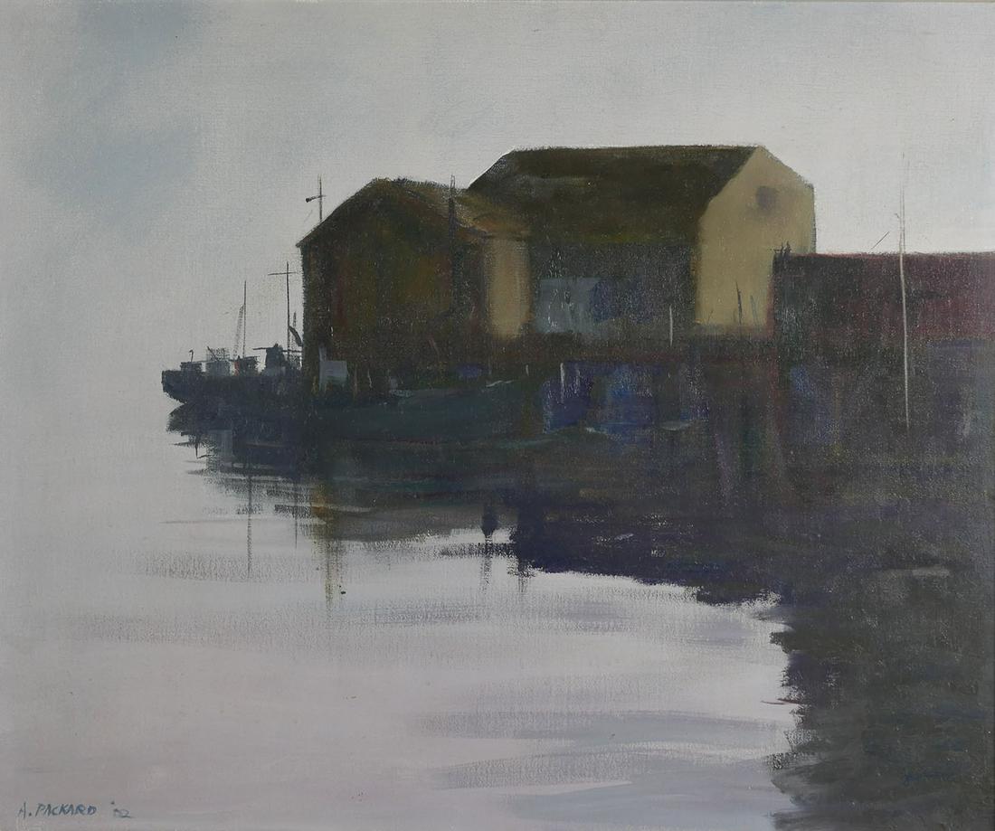 ANNE PACKARD, Oil on Canvas, Seascape Painting: Anne Packard (American, 1933-), Oil on Canvas, Wharf at Dawn, Circa 2002. Canvas size is 25” x 30”. Excellent condition. Oil painting of a wooden boat house in the harsh contrast of the mo
