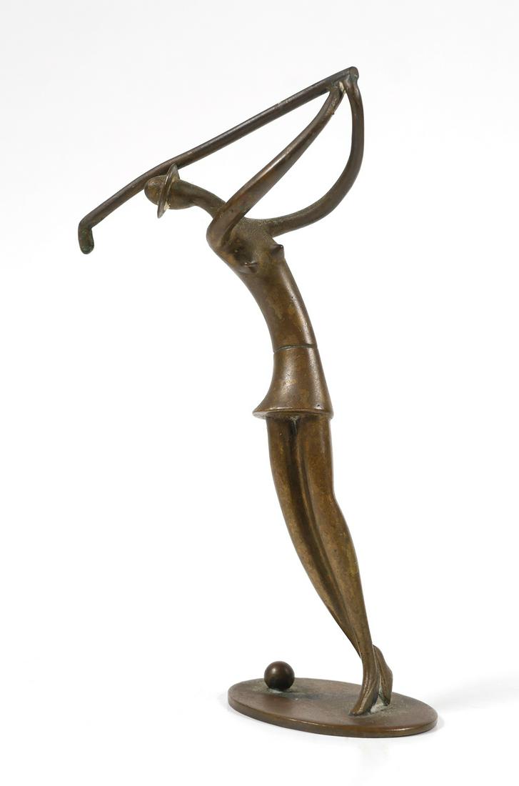 Hagenauer Woman Golfer Cast Bronze: Whimsical cast bronze figurine of a lady golfer. She is 5" tall, with a mellow brown patina. The bottom is stamped wHw, standing for the Hagenauer Werkstatte Wein, and "made in Austria". Excellent con