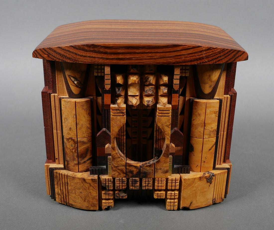PO SHUN LEONG, Handmade Studio Jewelry Box: Hand carved and assembled artisan jewelry box by renowned woodworker Po Shun Leong (English, b. 1941). Various woods. Excellent condition. Measures 9" x 8" x 6".