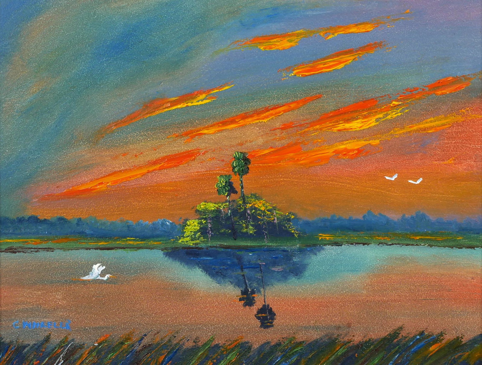 CHICO WHEELER, Highwaymen Painting: Chico Wheeler (American, 1946-2019) Florida Highwayman painting wetland with flying egret. Signed lower left. Measures 11" x 14" on board. Framed. Excellent condition.