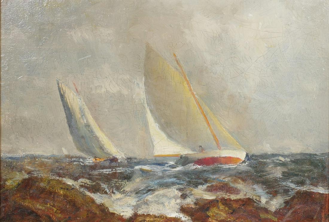 W.S. BARRETT, Oil Painting, Sailboats: William Sterna Barrett, (American, 1854-1927) seascape oil on board. Vincent Price Collection label verso shows title of "Two Sailboats." Overall framed size is 17 1/2" x 12 1/2". Very good condition 