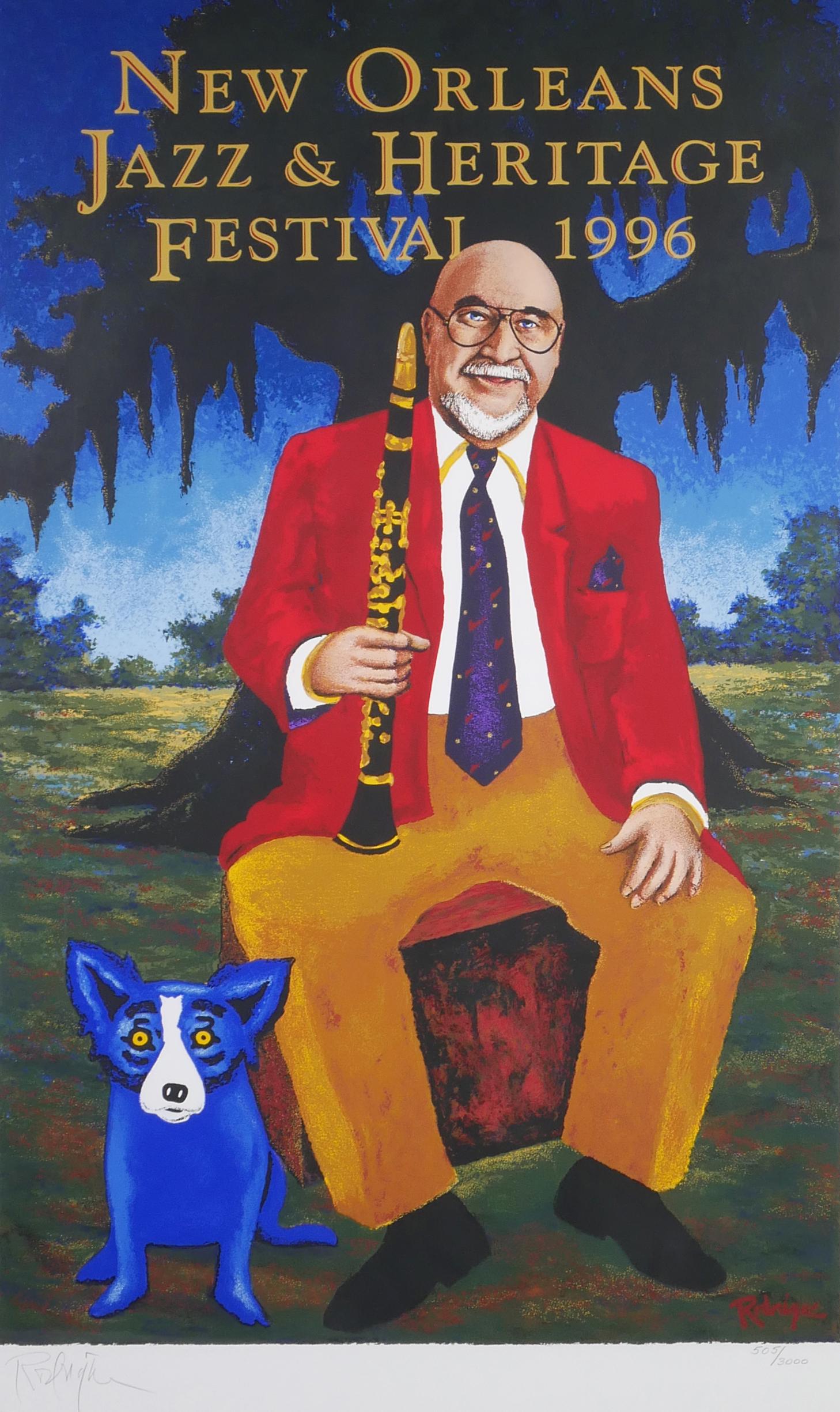 GEORGE RODRIGUE, 1996 New Orleans Jazz Fest Poster: 1996 New Orleans Jazz and Heritage Festival Poster, featuring Pete Fountain and a Blue Dog, by George Rodrigue (American, b. 1944), signed lower left and numbered lower right "505/3000". Framed size i