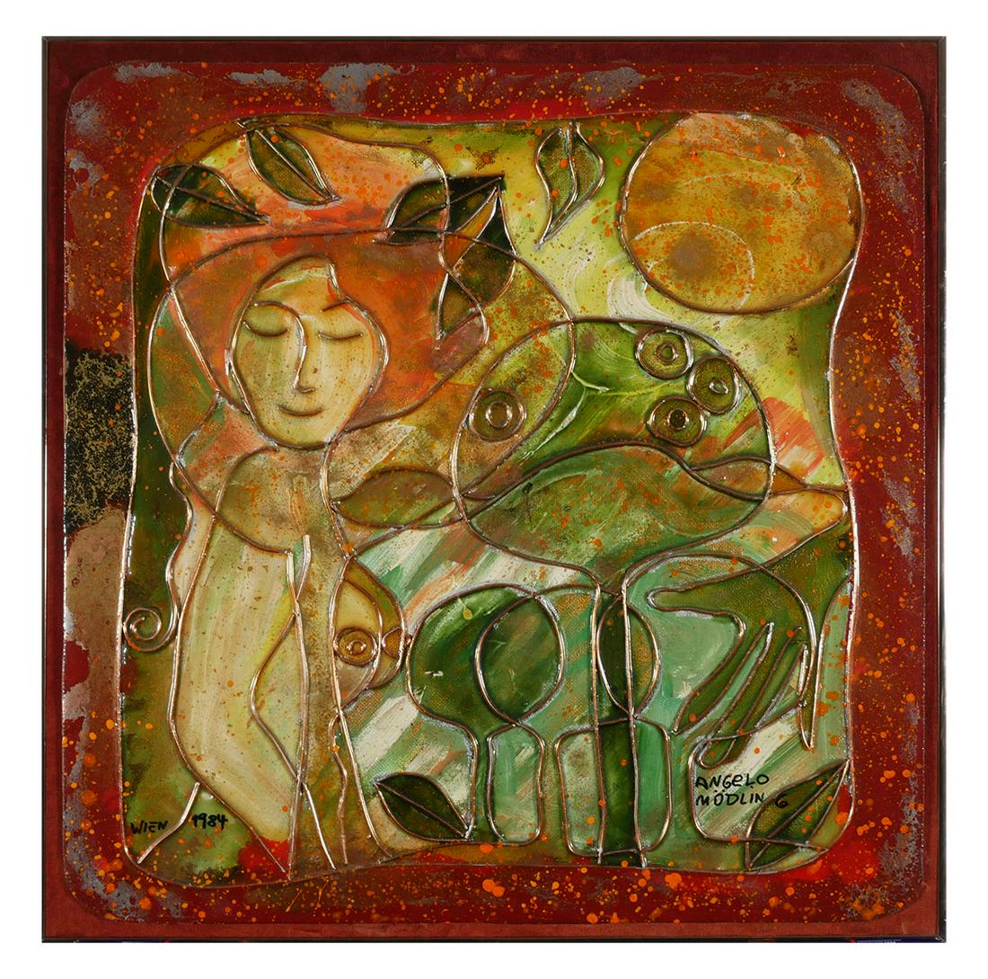 ANGELO MODLING, Mixed Media, Figure in Garden: Painting by Angela Viktor Nedwed Modling (Signed Angelo Modling) showing a figure among trees. Panel mounted to velvet covered support, Fine condition, with no damage or wear. Signed lower right, 