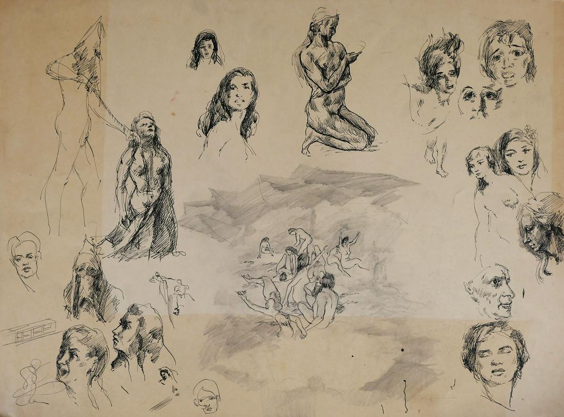 RAYMOND WHYTE, Group of Sketches: Group of figural sketches on a single sheet by Raymond Whyte (American, 1923-2002). Signed at lower left. Unframed. Measures 24" wide. Some toning and soiling to sheet. Provenance: Obtained by consign