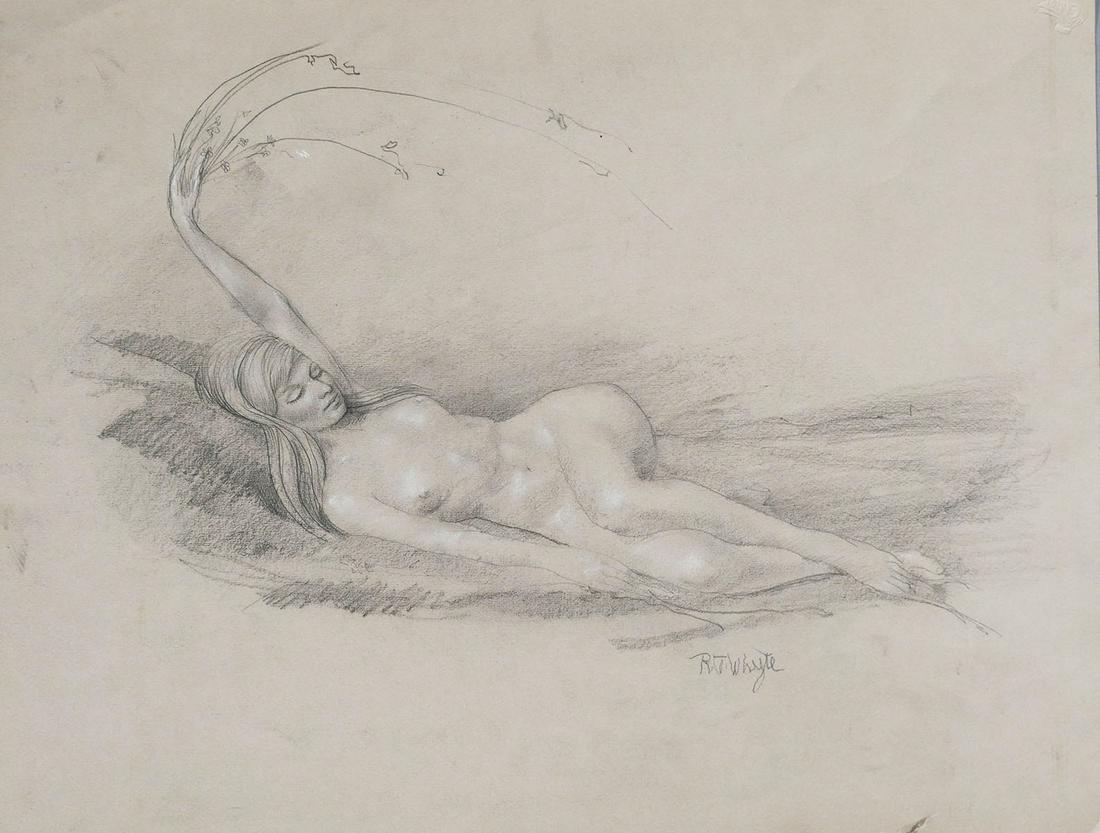 RAYMOND WHYTE, Nude Pencil on Paper: Pencil on paper nude by Raymond Whyte (American, 1923-2002). Unsigned. Unframed. Measures 20" wide. Good condition with minor wear. Provenance: Obtained by consignor directly from the artist in late 1