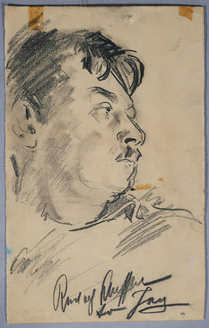 MAURICE BECKER, Charcoal Portrait: Charcoal or pastel on paper by Maurice Becker (Russian/American, 1889-1975). Measures 7" wide. Dedication at bottom. Good condition.