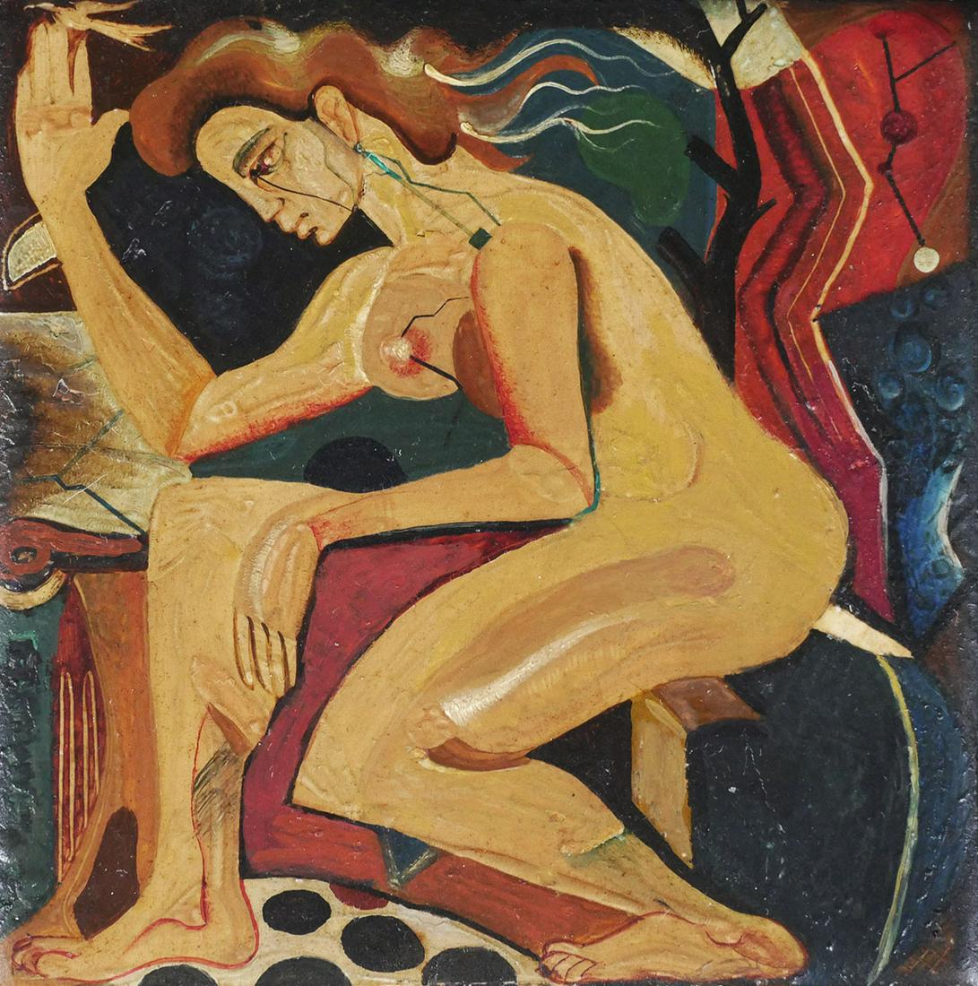 Early 20th Century, Oil on tile, Female nude: This intimate work depicts a nude, kneeling woman in front of a geometric background. Work is in good condition. Front unsigned, verso inaccessible. Tile measures 6" square in a 10" square frame. 