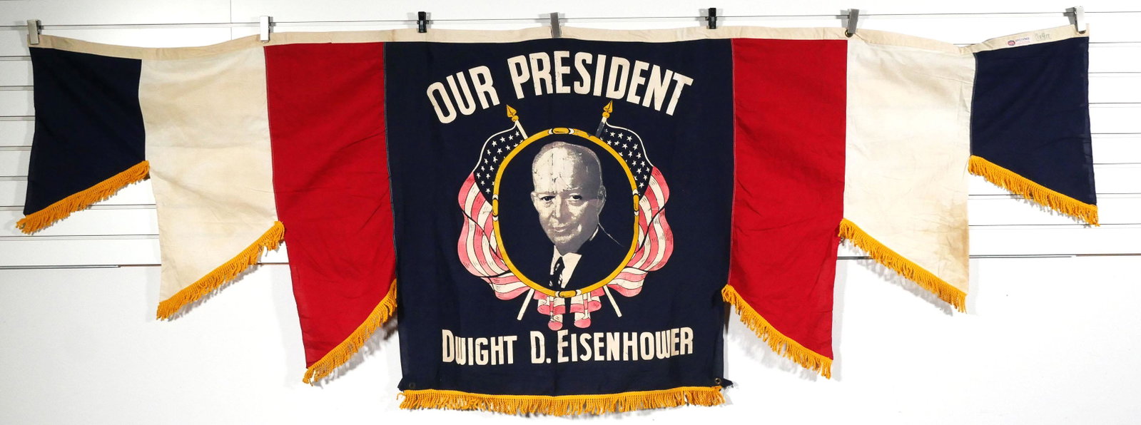 OUR PRESIDENT DWIGHT EISENHOWER, Fringed Banner: 1964 US Presidential bunting banner for Ike. Grommets along top edge. Overall size is 36" x 108". Some wear -- see images.