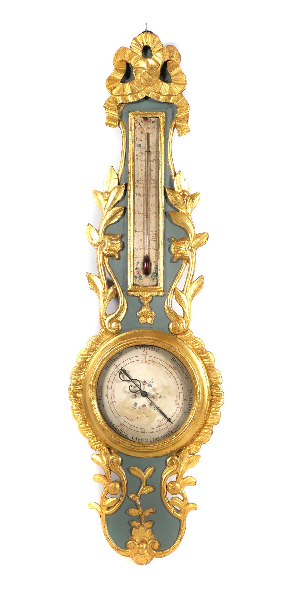 FRENCH Carved Giltwood Barometer: A gilt wood French barometer c. 1850 with foliate decoration and original dial, decorated with a ribbon swag, above a thermometer. Overall measurements 36 1/2" x 11" x 2". Some loss to gilt & paint.