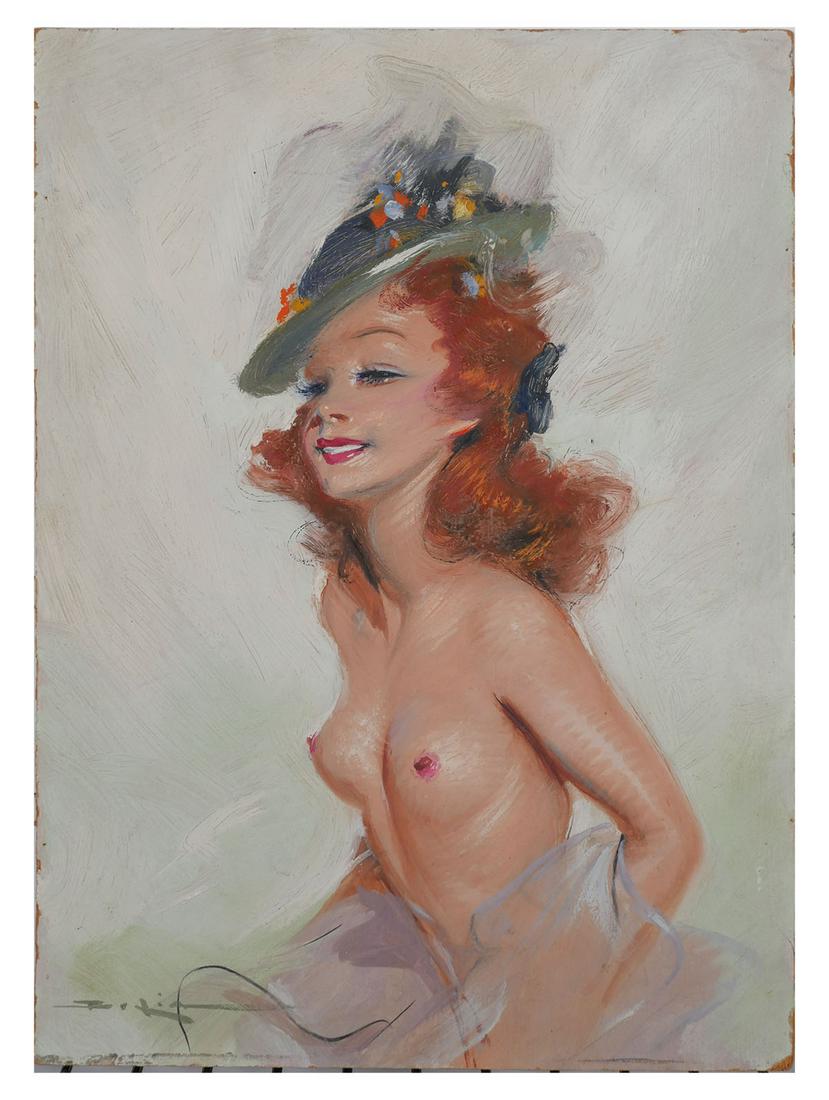 Illegible MID 20th CENTURY, O/B, Female Nude: Painting depicts a woman from the waist up, wearing a hat. Painting is in good condition. Signed illegibly at lower left. Panel measures 13" x 9 1/2".